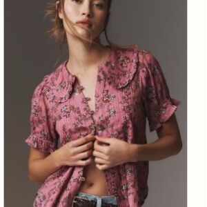 Pilcro “Keira” Pink Cuffed Sleeve Blouse with Peter Pan Collar 3X Anthropologie